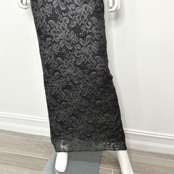 Belle Badgley Mischka Lace Overlay Back Slit Shimmer Maxi Dress Gown Black Sz 4 - Picture 8 of 16